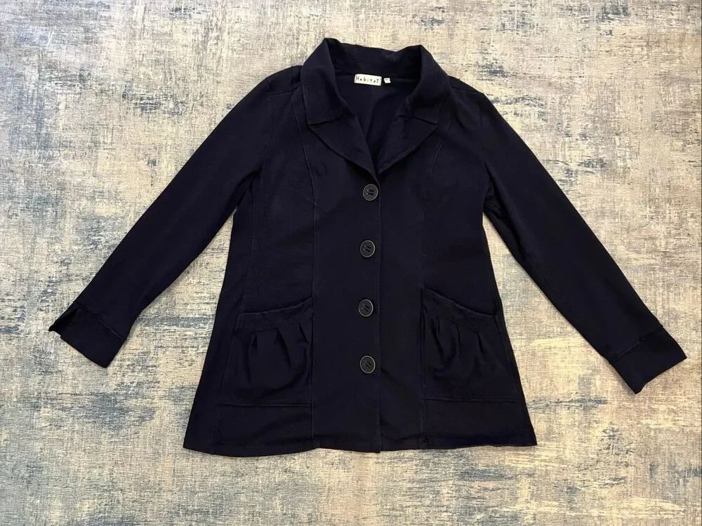 Habitat Dark Blue Slouchy Pocket Knit 4 Oversized Button Blazer Women's Medium